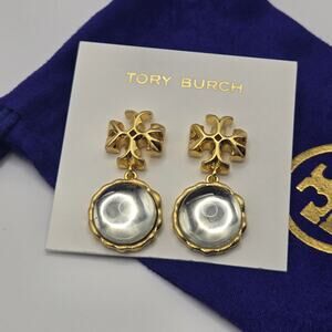 NEW Tory Burch Roxanne Clear Resin Dangle Drop Earrings Gold Logo Statement